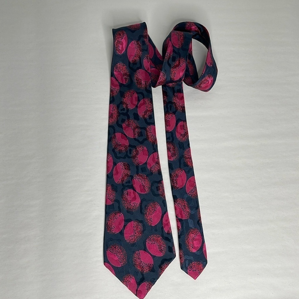 Vintage 80's Brioni Roma Navy Blue Pink Polka Dot Silk Tie Retro 4.25"X57"